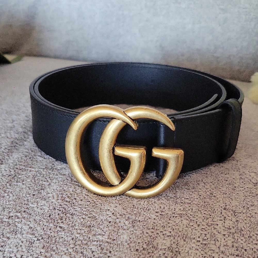 Gucci Signature Black Leather Belt with Gold GG Marmont WIDE Buckle Sz 90 Cm